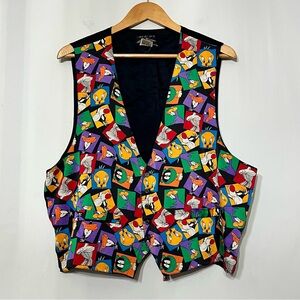 Vintage Looney Tunes Vest Silk 90s Cartoon Bugs‎ Bunny Tweety Silly Costume L XL
